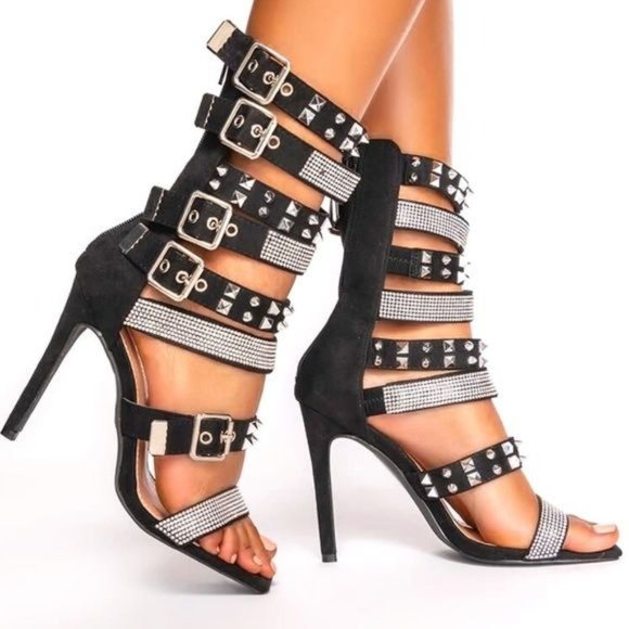 Callie Lives Shoes - Xena Spiked & Studded: Black Suede Gladiator Stiletto Sandal  6